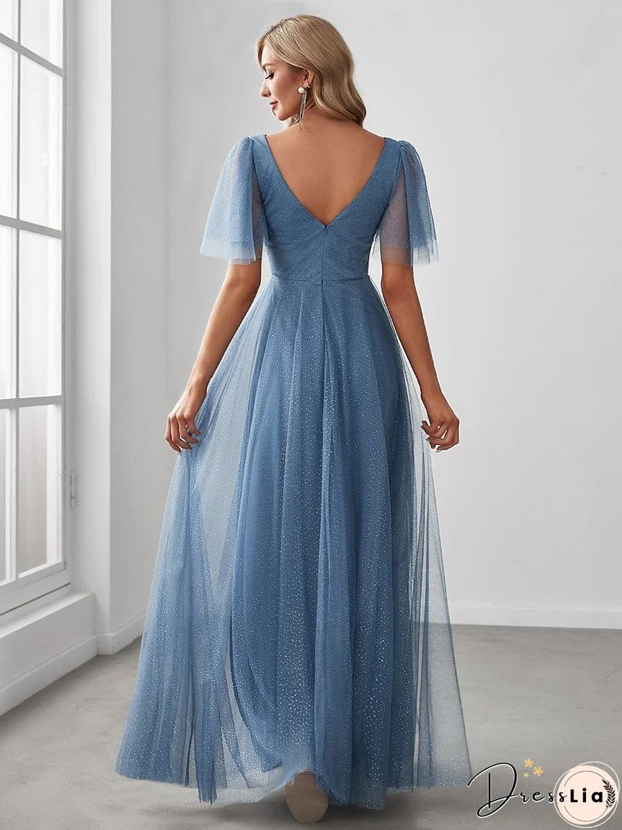 Elegant Golden Stamped Ruffle Sleeve Evening Gown