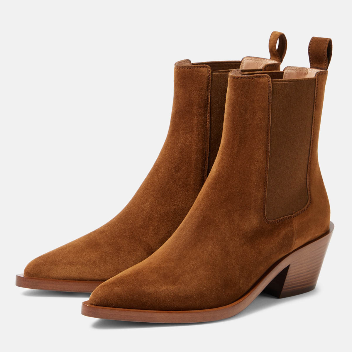 Brown Vegan Suede Pointed Toe Chunky Heel Pull Tab Chelsea Boots Women Nicepairs