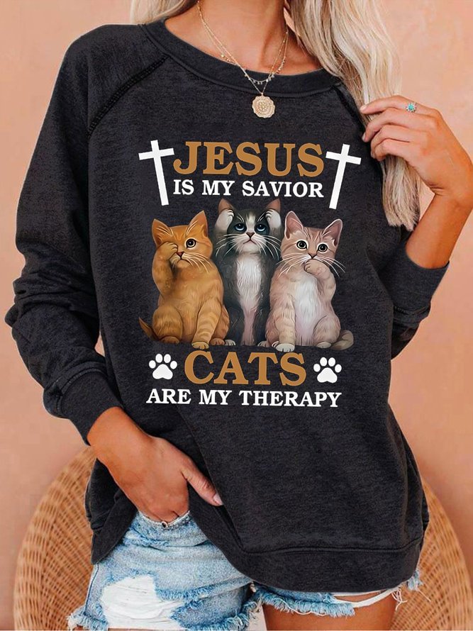 Women's Funny Jesus Is My Savior Cats Are My Therapy Cat Graphic Graphic Text Letters Sweatshirts