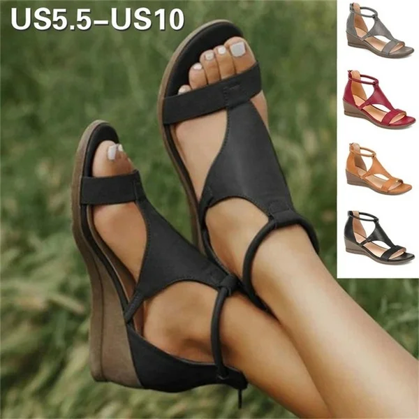 DealCrafty Women Summer Sandals Mid Heels Wedges Shoes Woman Vintage PU Zipper Retro Sandal Ladies Open Toe Fashion Casual Shoe