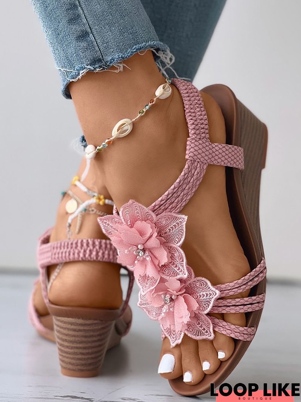 Bohemian Peacock Blue Hollow Out Splicing Wedge Slide Sandals main image 0
