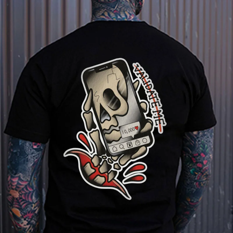 VALIDATE ME Skull with Phone Graphic Black Print T-shirt