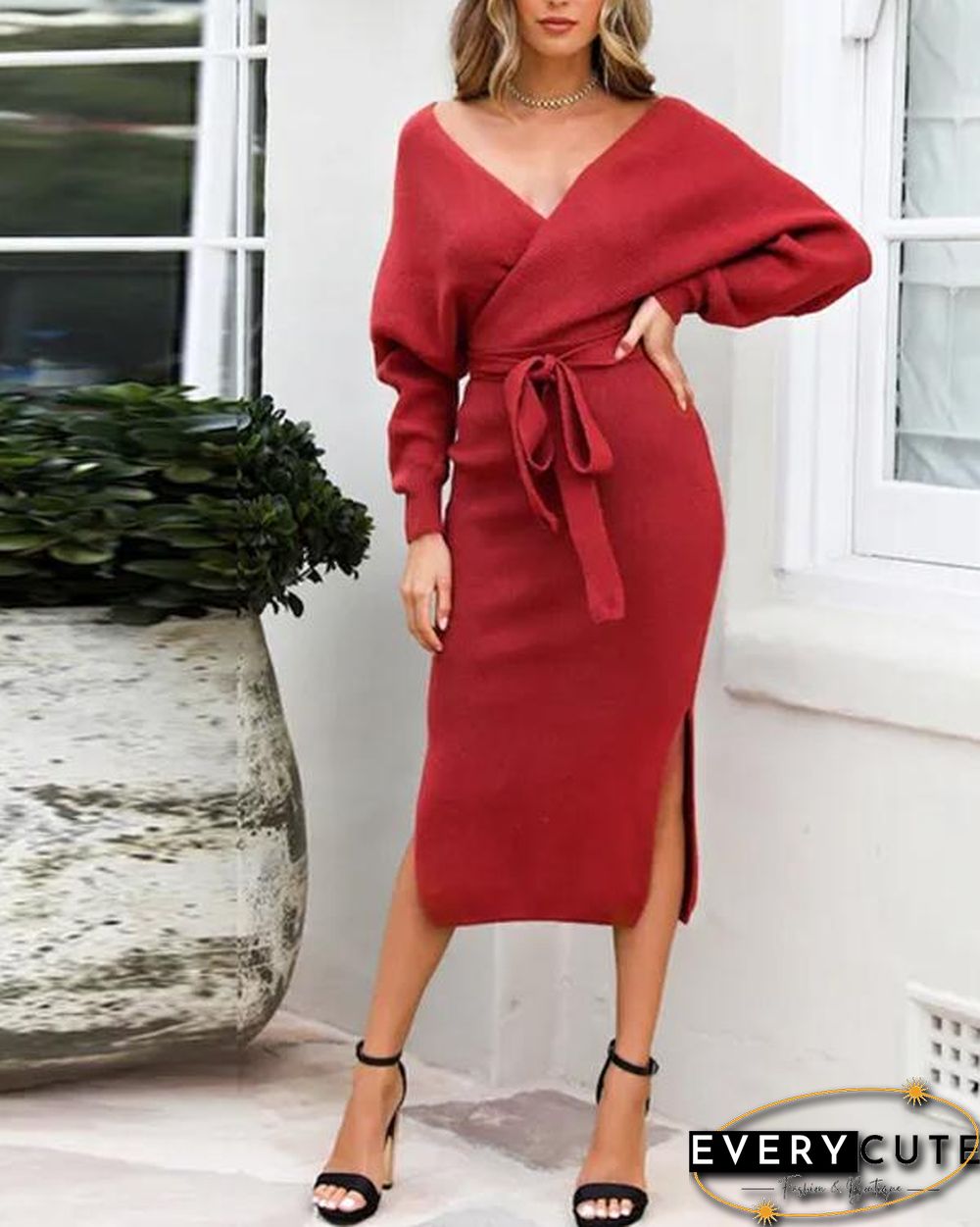 Knitting V Neck Split Sweater Dress