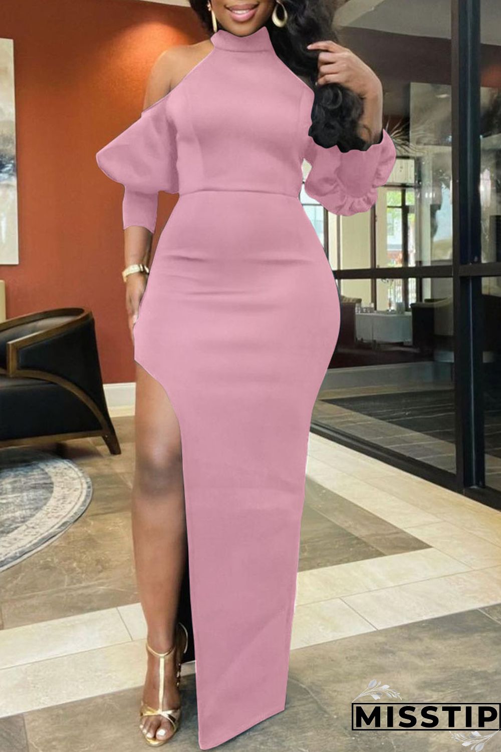 Pink Sexy Solid Patchwork High Opening Half A Turtleneck Straight Dresses
