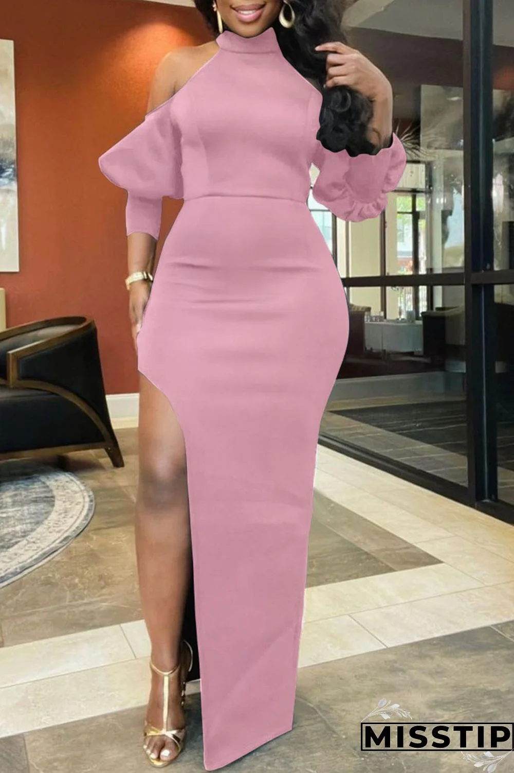 Pink Sexy Solid Patchwork High Opening Half A Turtleneck Straight Dresses