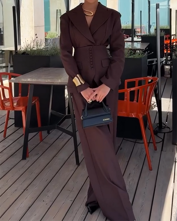 Lapel Button-down Top and Straight-leg Pants Two-piece Suit