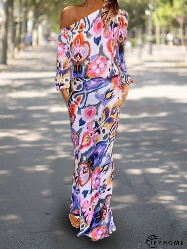 Two Piece Dress Set Casual Dress Sheath Dress Outdoor Daily Fashion Streetwear Print Maxi Dress One Shoulder Long Sleeve Graphic Abstract Loose Fit Red Royal Blue Sky Blue Summer Spring S M L for Women | IFYHOME