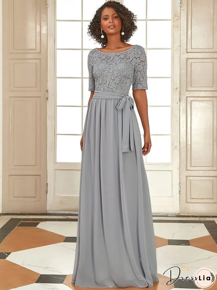 Sophisticated Lace Bodice Chiffon Maxi Evening Gown with Belt for Elegant Occasions