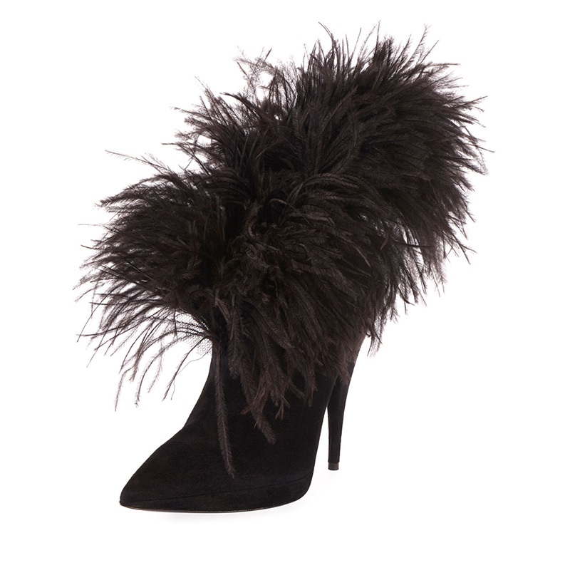 Fashion Pointed Toe Faux Feather Trim Stiletto Ankle Boots in Black