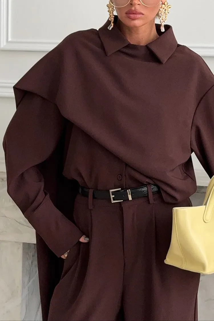 Vintage Chic Lapel Scarf Top & Wide Leg Pants Two Piece Set