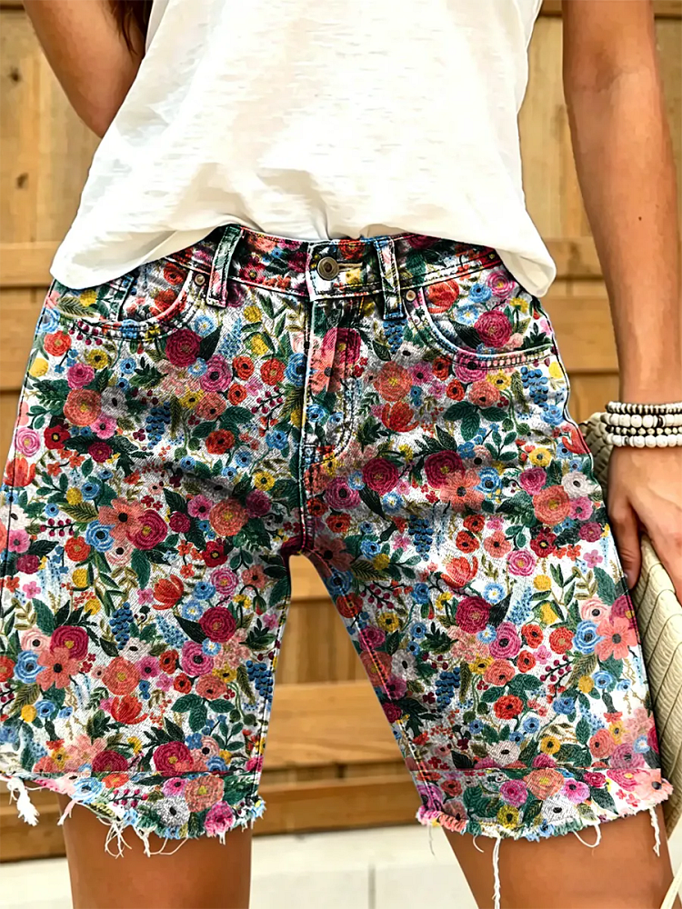 Ethnicity Colorful Bohemia Flowers Women's Art Print Casual Denim Shorts