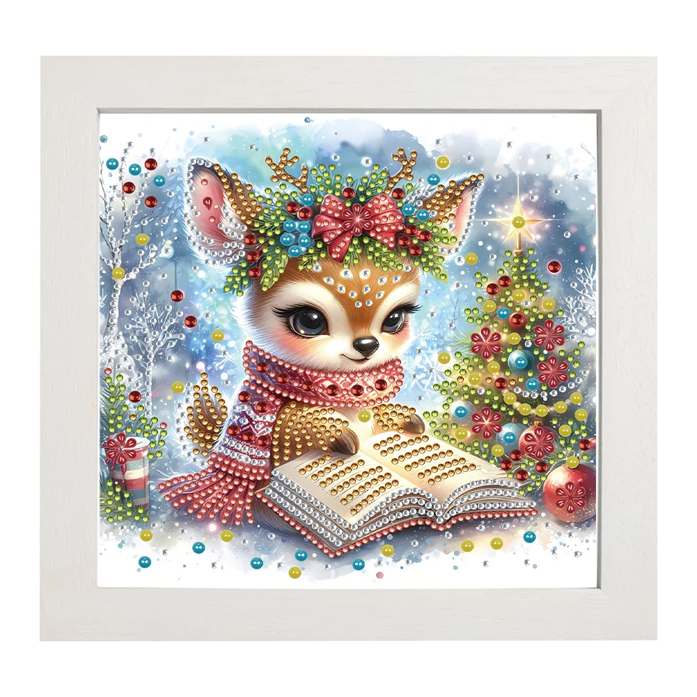 5D DIY Partial Special Shaped Drill Diamond Painting Christmas Deer Reading Home Kit 19.2x19.2cm【With Frame】
