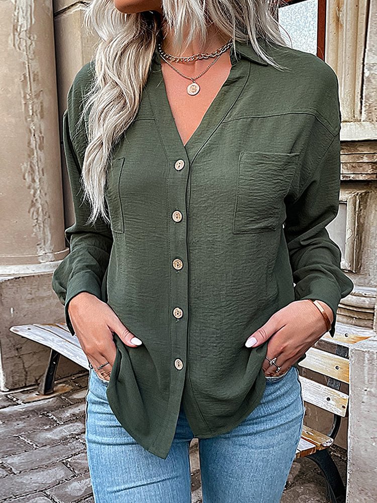 Casual Solid Color Lapel Pocket Long Sleeve Shirt socialshop