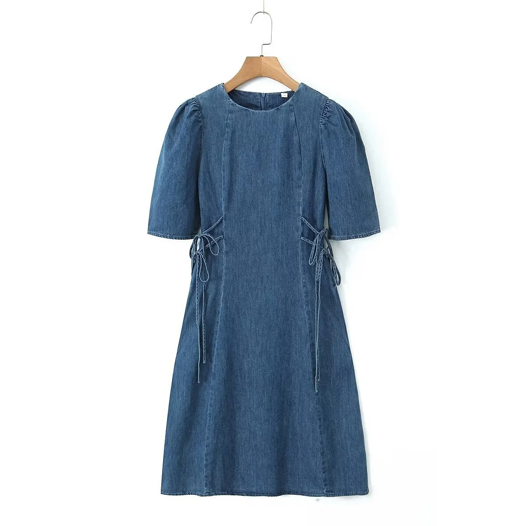 Woemen's Cute Denim Dress High Waist Crew Neck Short Sleeve Denim Dress