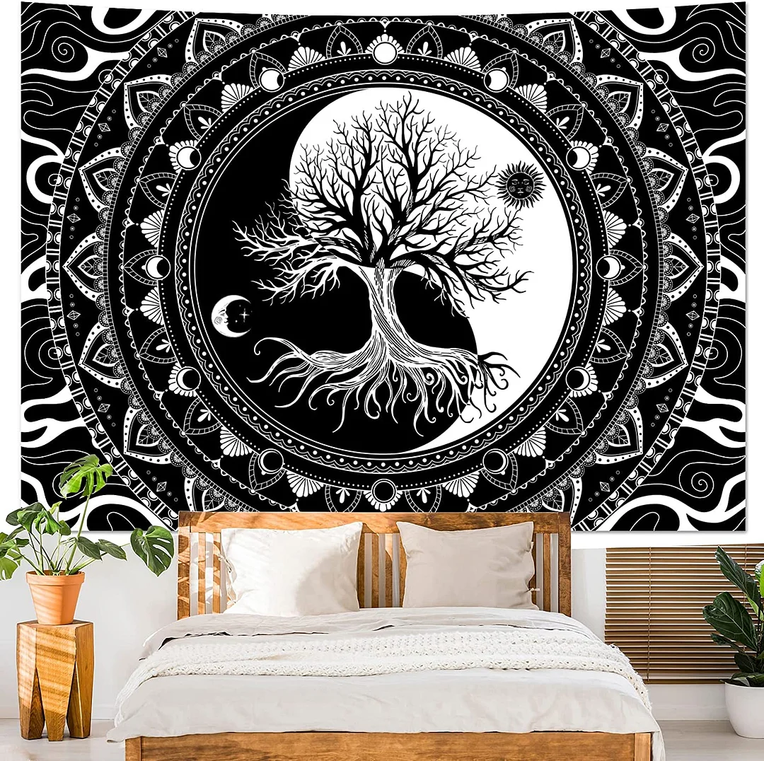 Tree of Life Tapestry Black and White Tapestry Bedroom Aesthetic Mystic Sun and Moon Wall Hanging Tapestries for Room Decor