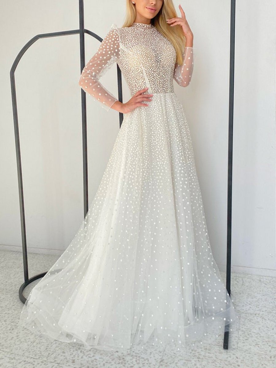 Fashion Women Sexy Polka Dots Slit Ladies See-Through Long Dress