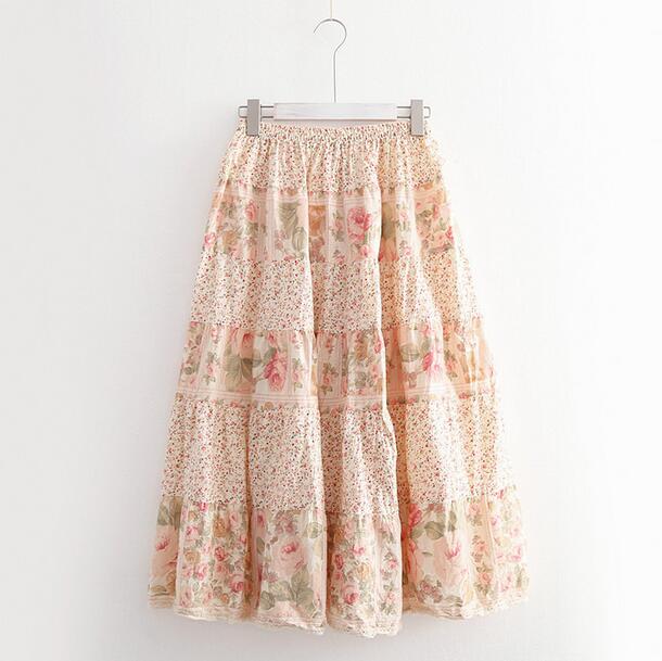 Vintage Patchwork  Bust Skirt Female Lace A-line Skirt Cotton Skirt