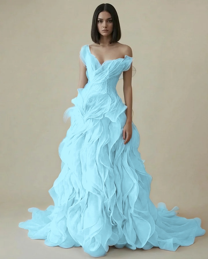Tulle Asymmetric V-Neck Strapless Sleeveless High Waist Long A-Line Prom Dress With Pleated | YK0934 Wellcucu