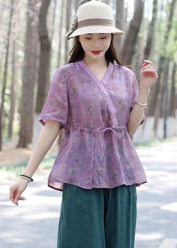 Chic Purple V Neck Print Drawstring Patchwork Linen Shirts Top Summer