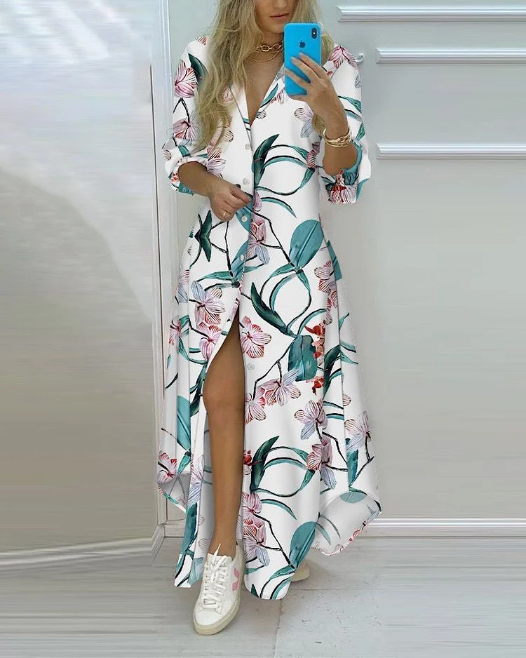 Floral Print Lapel Long Sleeve Dress