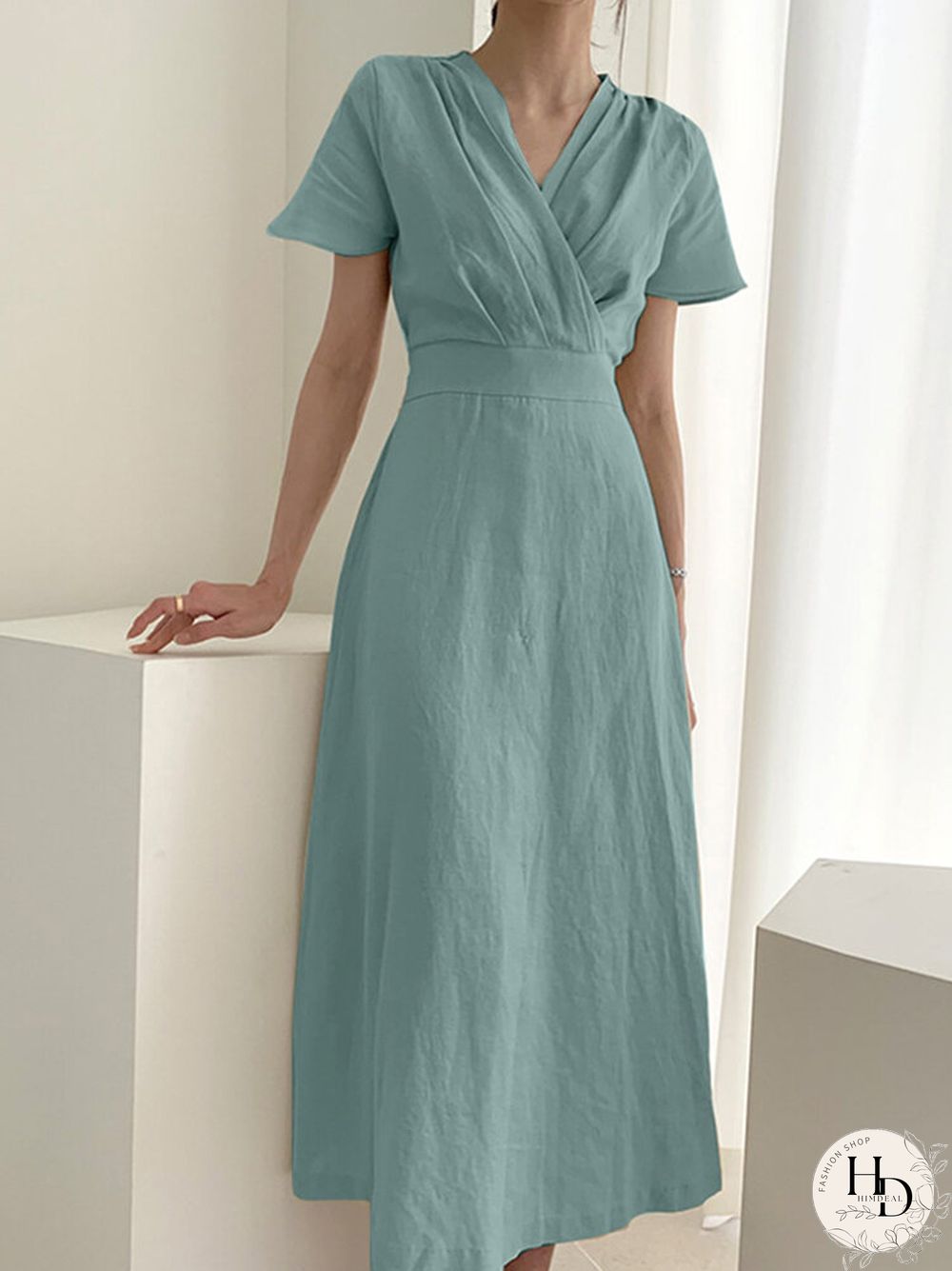Solid Wrap V-neck Short Sleeve Casual Dress For Women
