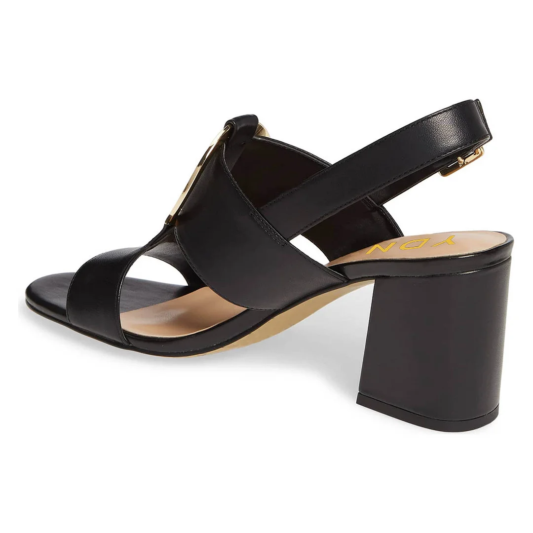 YDN Black Hardware Open Toe Buckle Strap Block Heeled Sandals