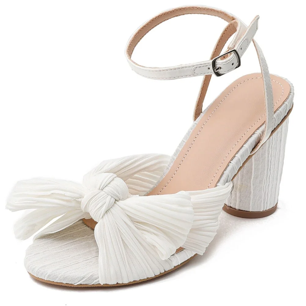 Qengg Wedding Bridal Bowknot Pleated High Heeled Women's Sandals 2022 Design Ankle Strappy Round High Heels Elegant Ladies Shoes