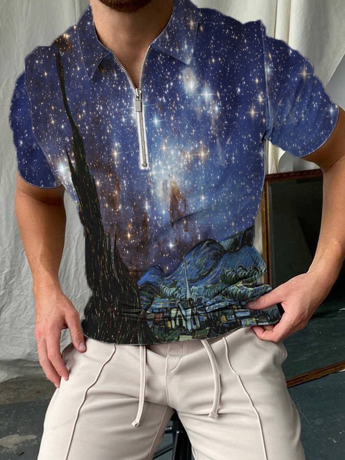 Men's Art Star Casual Zipper Short Sleeve Polo T-shirt