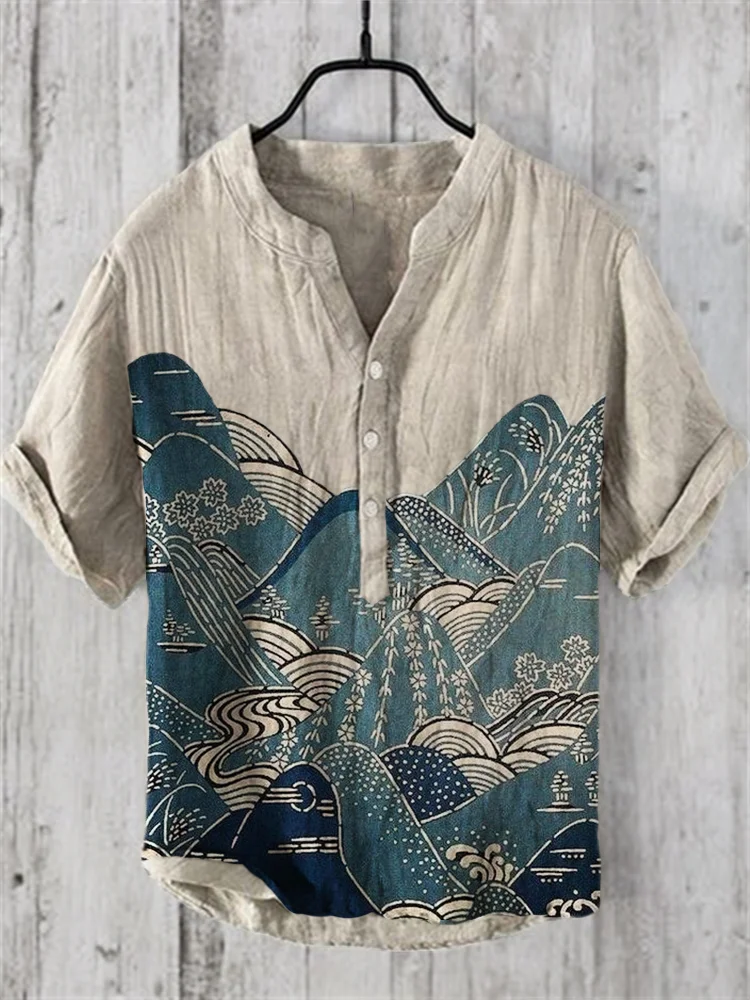 Mountains Landscape Japanese Art Linen Blend Shirt