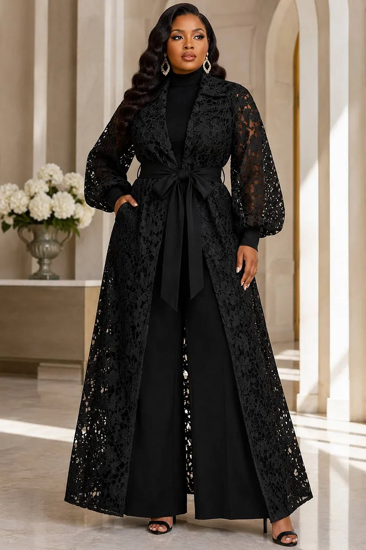 Xpluswear Design Plus Size Business Casual Black Turndown Collar Lantern Sleeve Long Sleeve Wrap See Through Guipure Lace Cardigans [Pre-Order] 2024 - Xpluswear