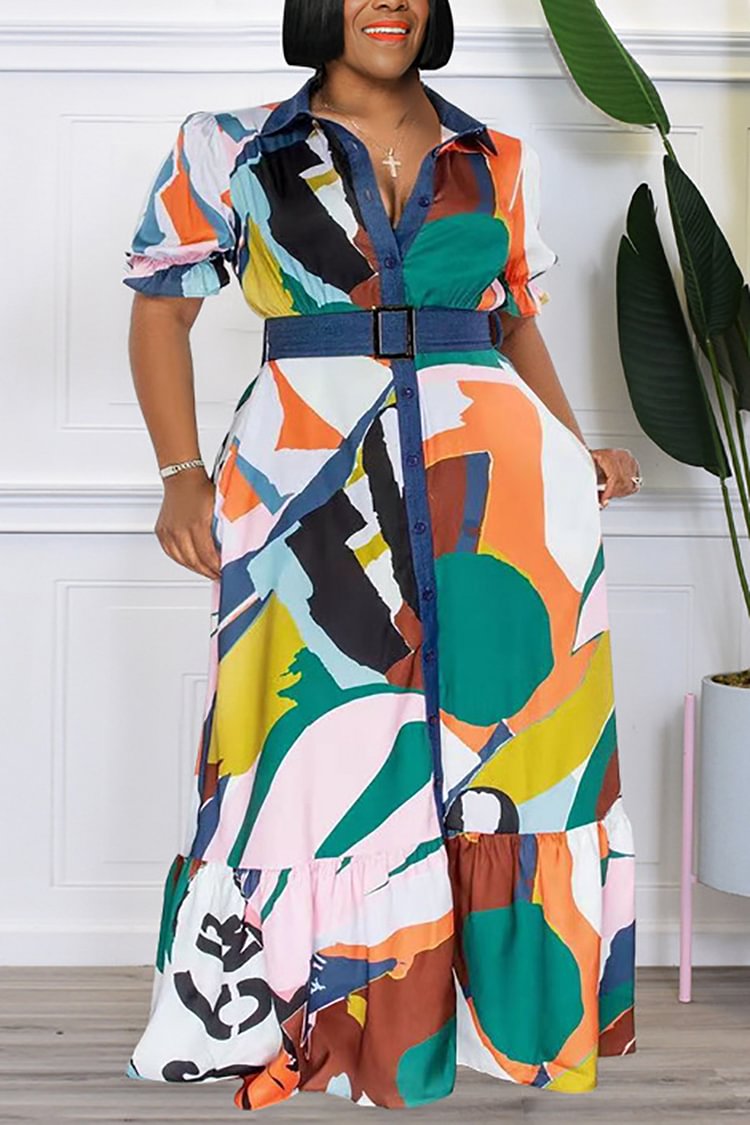 Plus Size Casual Colorful Pattern Print Patchwork Loose Maxi Dress (With Belt)