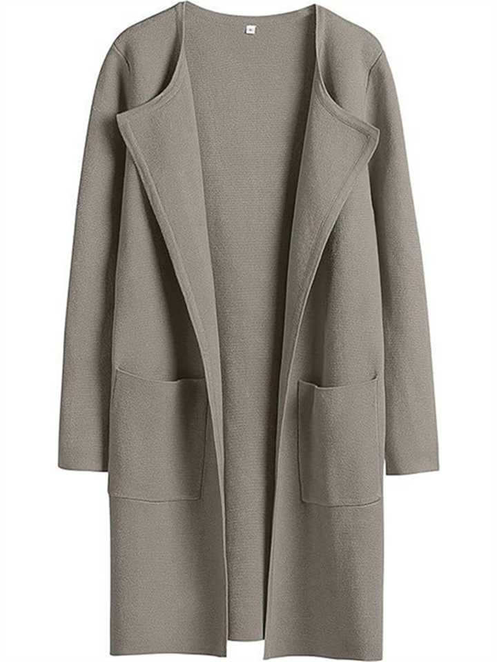 Casual Loose Temperament Commuter Women's Fashion Lapel Tweed Solid Color Long-sleeved Coat Tops Female Cardigan Jacket-JRSEE