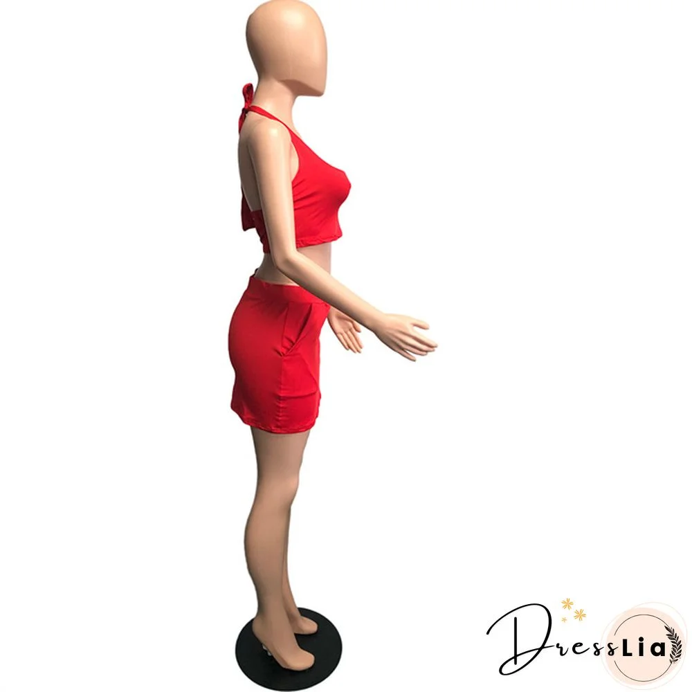 Plus Size Summer Solid Women Square Neck Sleeveless Crop Top+Elastic Waist Mini Skirt 2 Piece Set