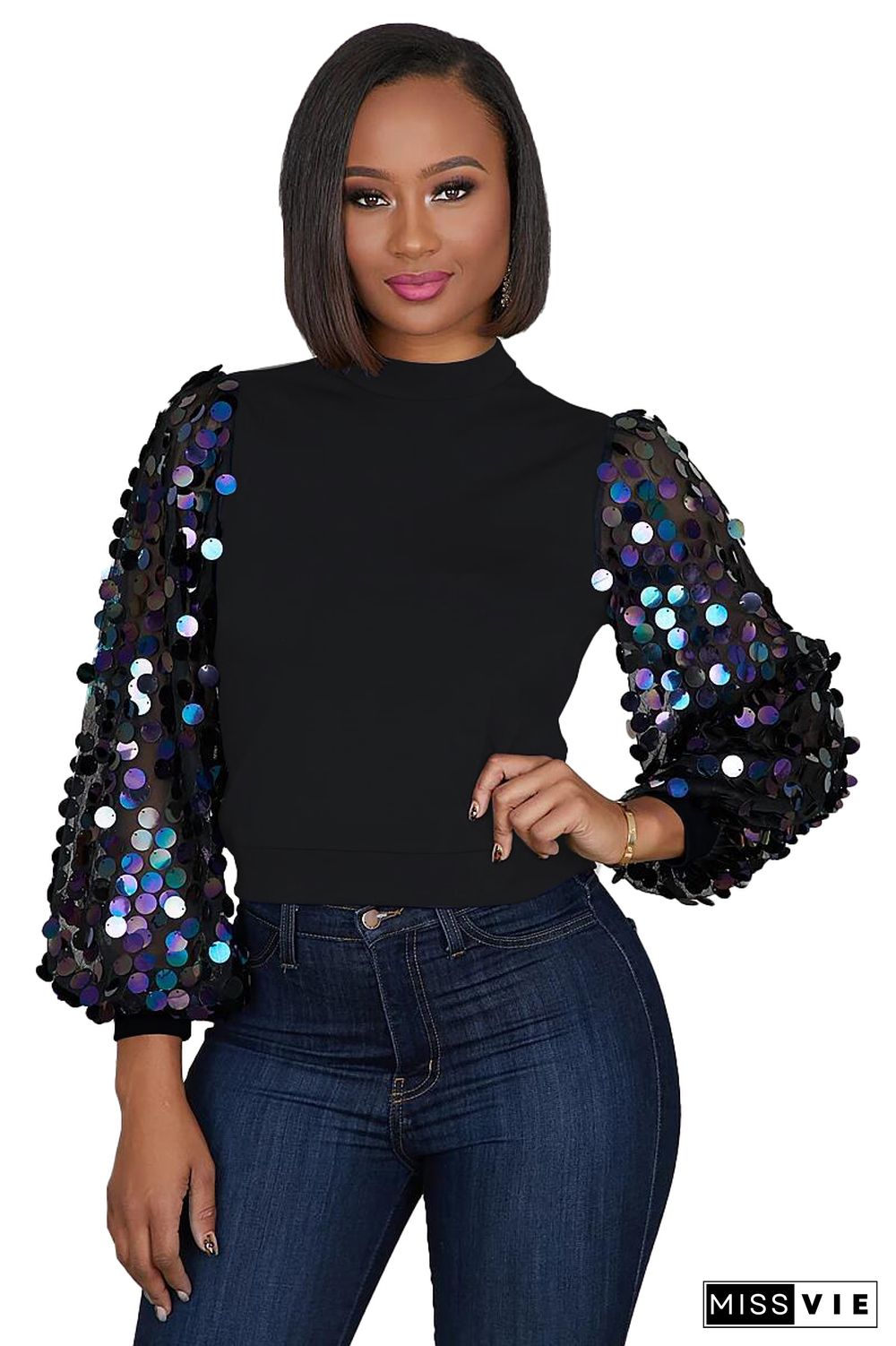 Sequin Patchwork Long Sleeve Blouses Shirts