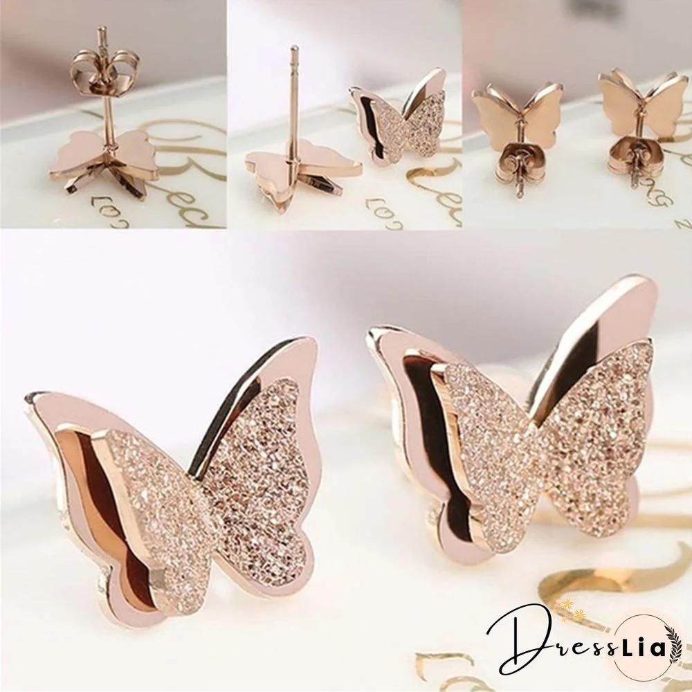 Women Fashion Cute Double Frosted Bling 3D Butterfly Rose Gold Earrings Stainless Steel Stud Earrings Jewelry Gifts