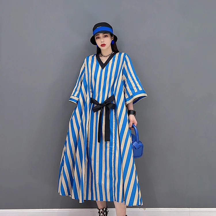 Fashion Loose V-neck Striped Lace-up Hlaf Sleeve Dress 