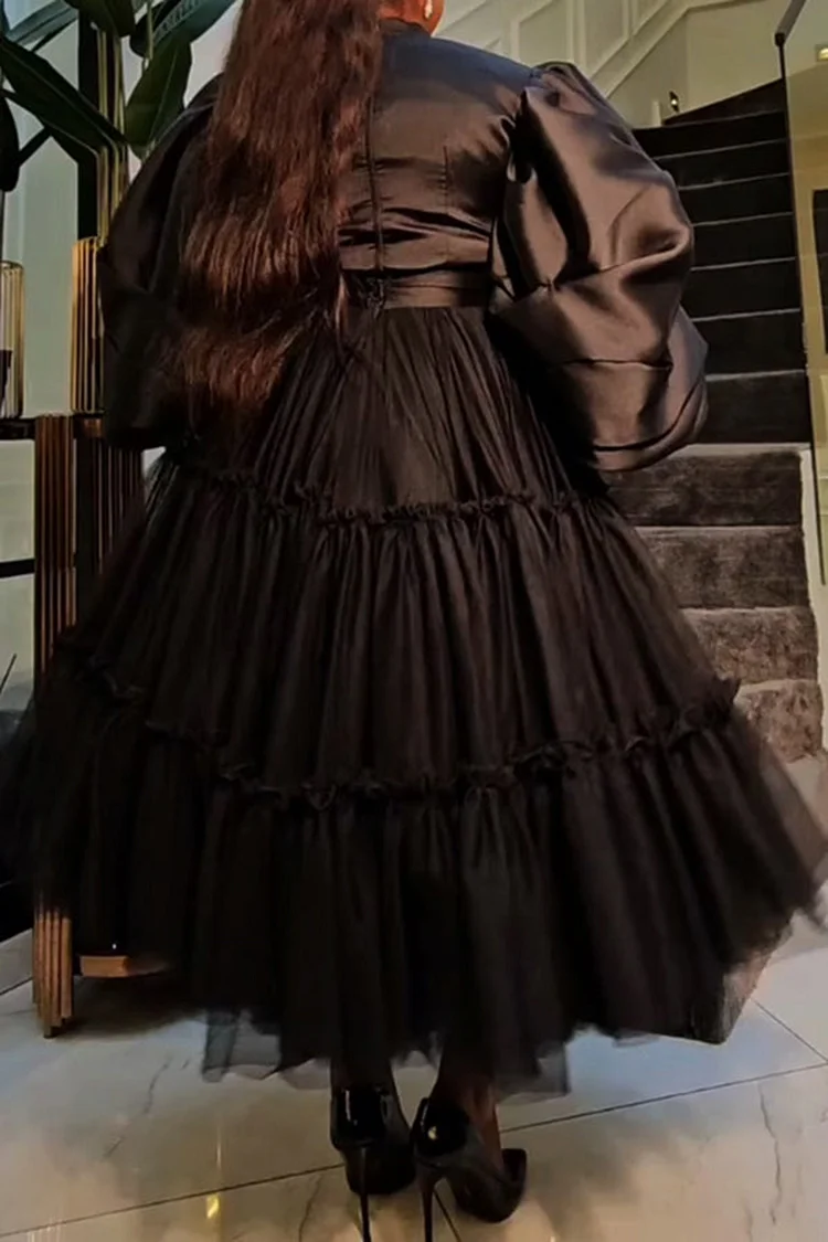 Plus Size Formal Satin Black Stand-Up Collar Puff Sleeve Long Sleeve Contrast Tulle Midi Dresses