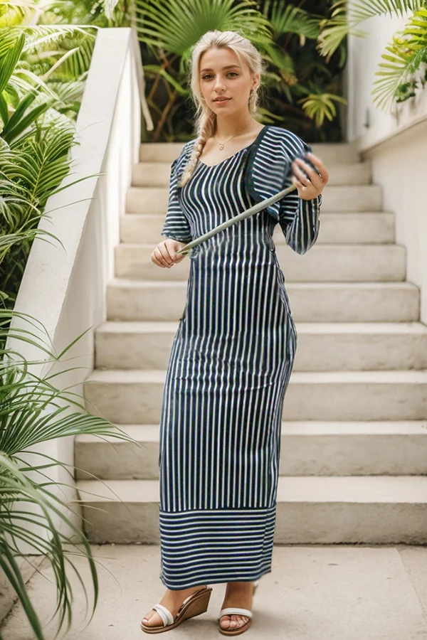 Women Latex Dress Sophisticated Black & White Striped Faux Cape Teacher Style