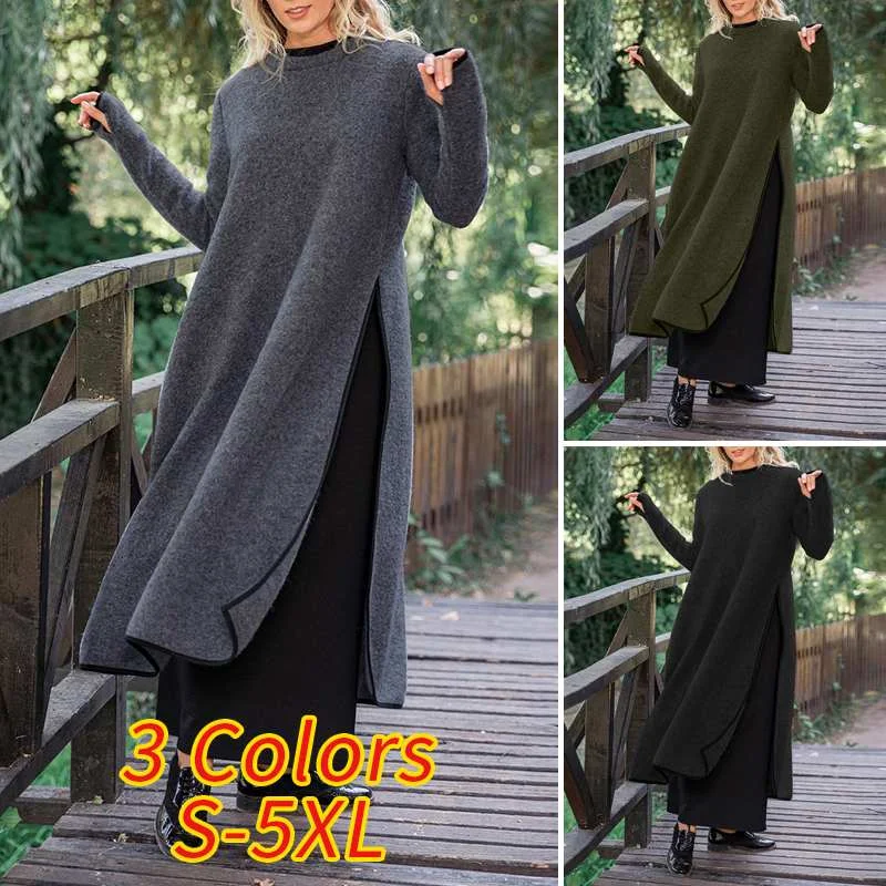 Maxi Long Dress VONDA Autumn Loose  O Neck Side Split Fashion Pullover Maxi Sweatshirt Dresses Asymmetric Vestidos Femme Robe