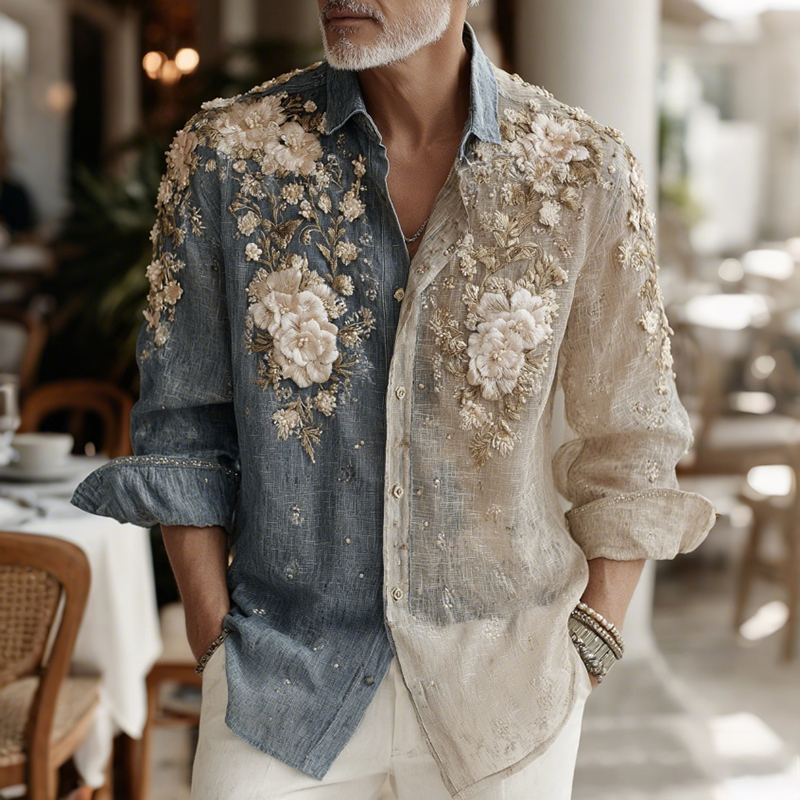 Men's Japanese Floral Art Casual Button Linen Shirt  artssus