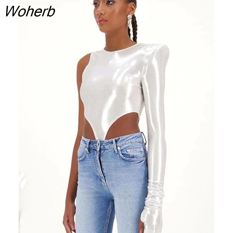 Woherb Pads Metallic Asymmetrical Sexy Bodysuit Casual Playsuit Soild Splicing Lady Jumpsuit Slim Fit O-Neck Streetwear Tops