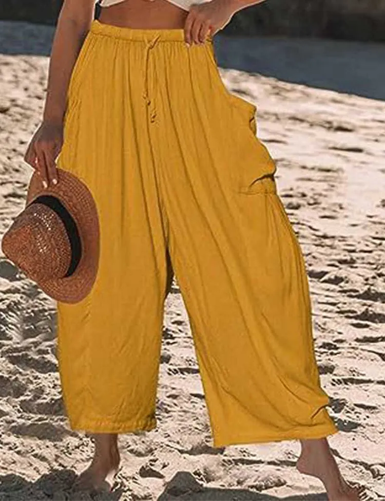 Ladies Solid Color Elastic Waist Pocket Pants SKP5KC68
