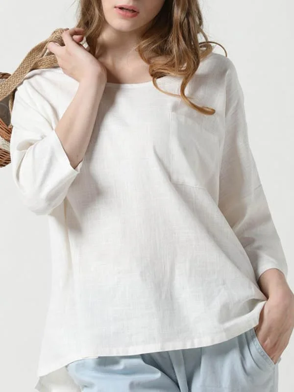 Ladies Loose Clothing Cotton and Linen Solid Color Round Neck T-shirt-Mayoulove