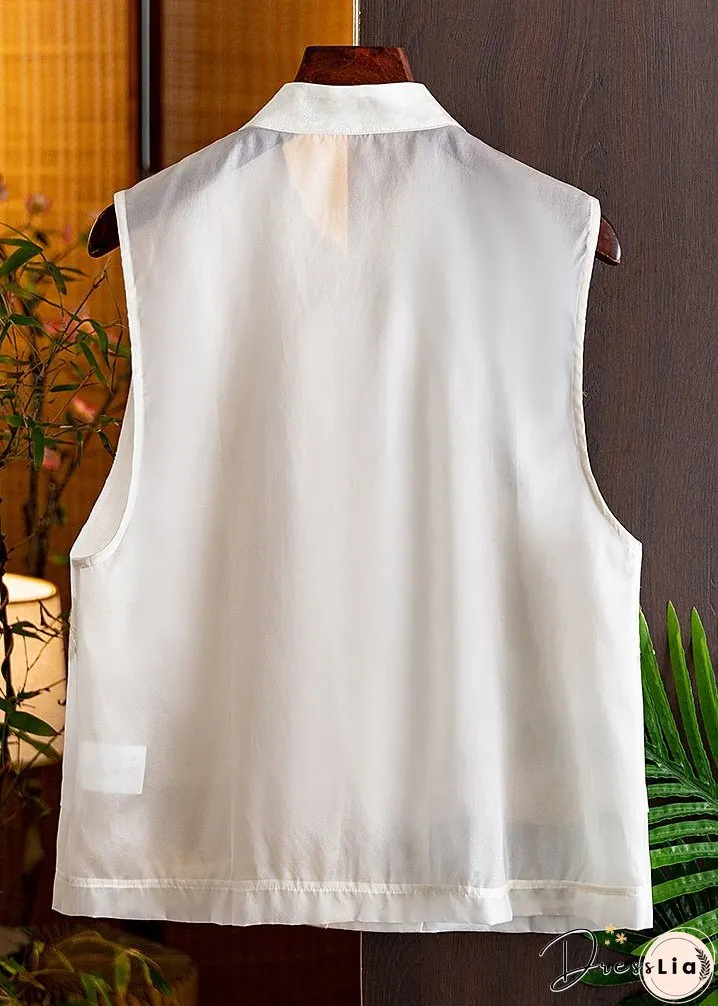 Handmade Black Stand Collar Embroideried Button Silk Cardigans Sleeveless