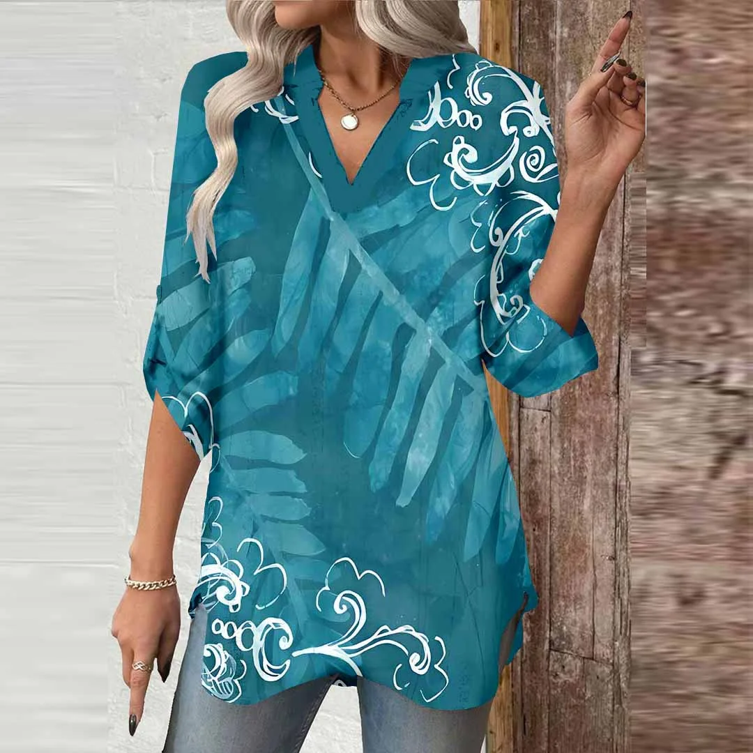 Women Floral, Foliage, Green DZGA0454 3/4 Sleeve V-neck Printed Graphic Button Tops