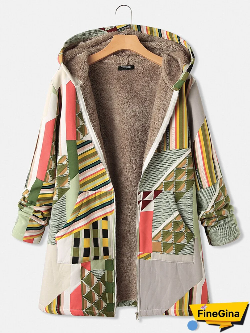 Geometric Print Long Sleeve Zipper Hooded Coat with Pocket