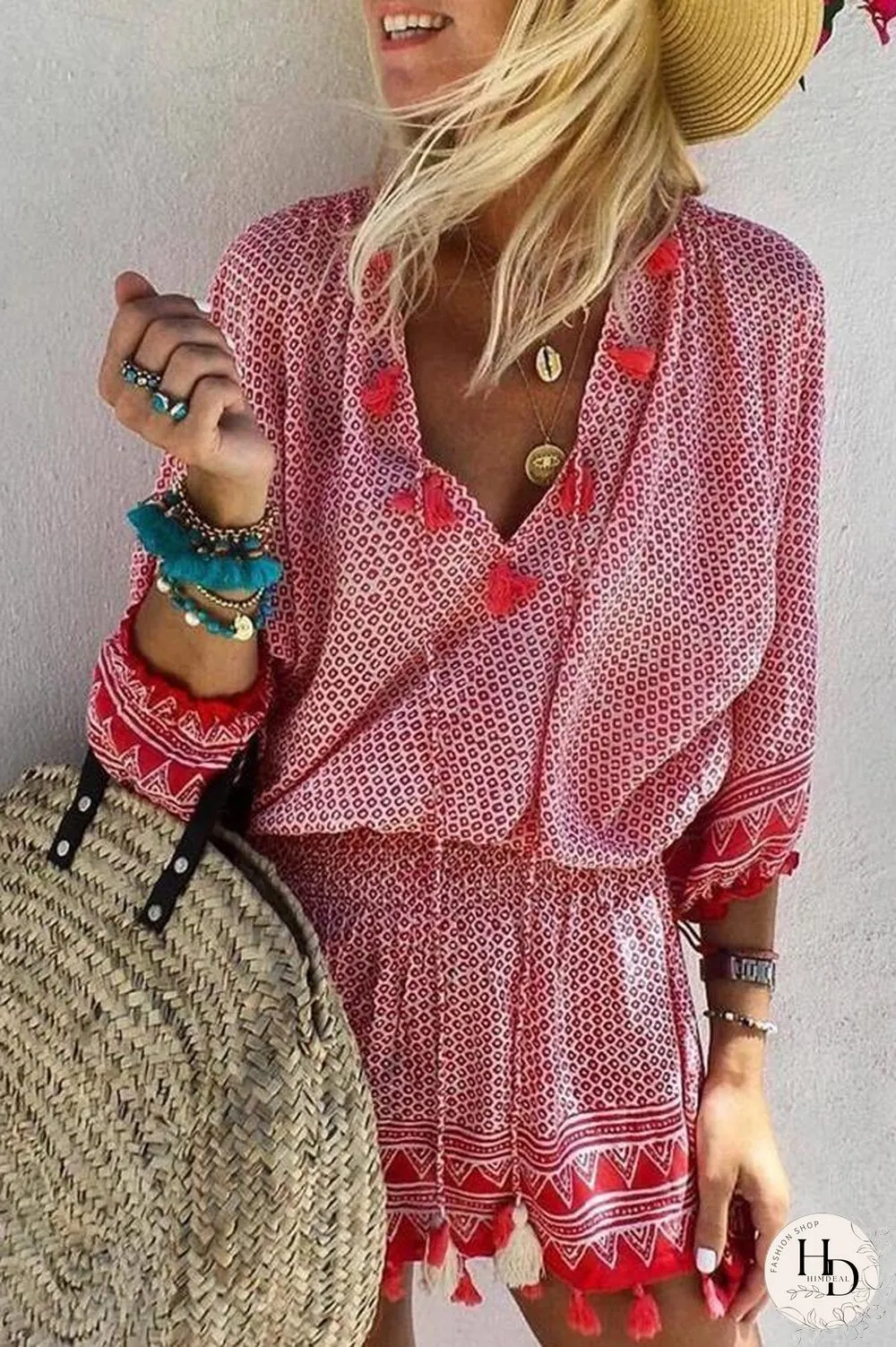 V-neck 3/4 Sleeve Beach Mini Dress (6 Colors) P16204