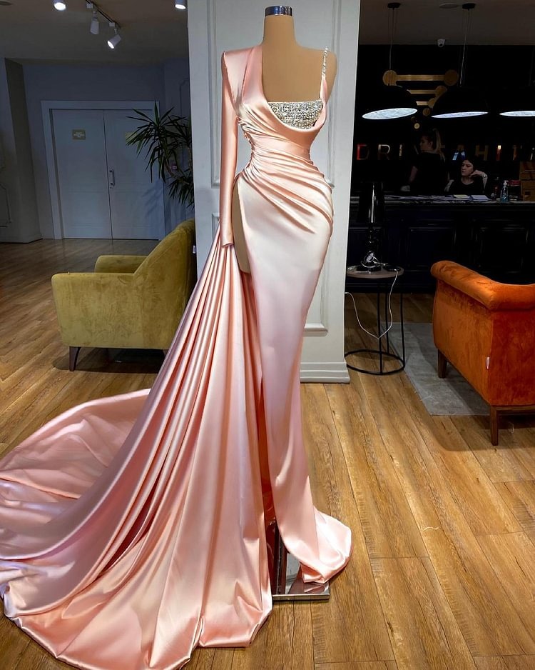 Asymmetric One-Shoulder Long Sleeve Long Mermaid Prom Dress With Pleated And High Split | MM0111 Wellcucu