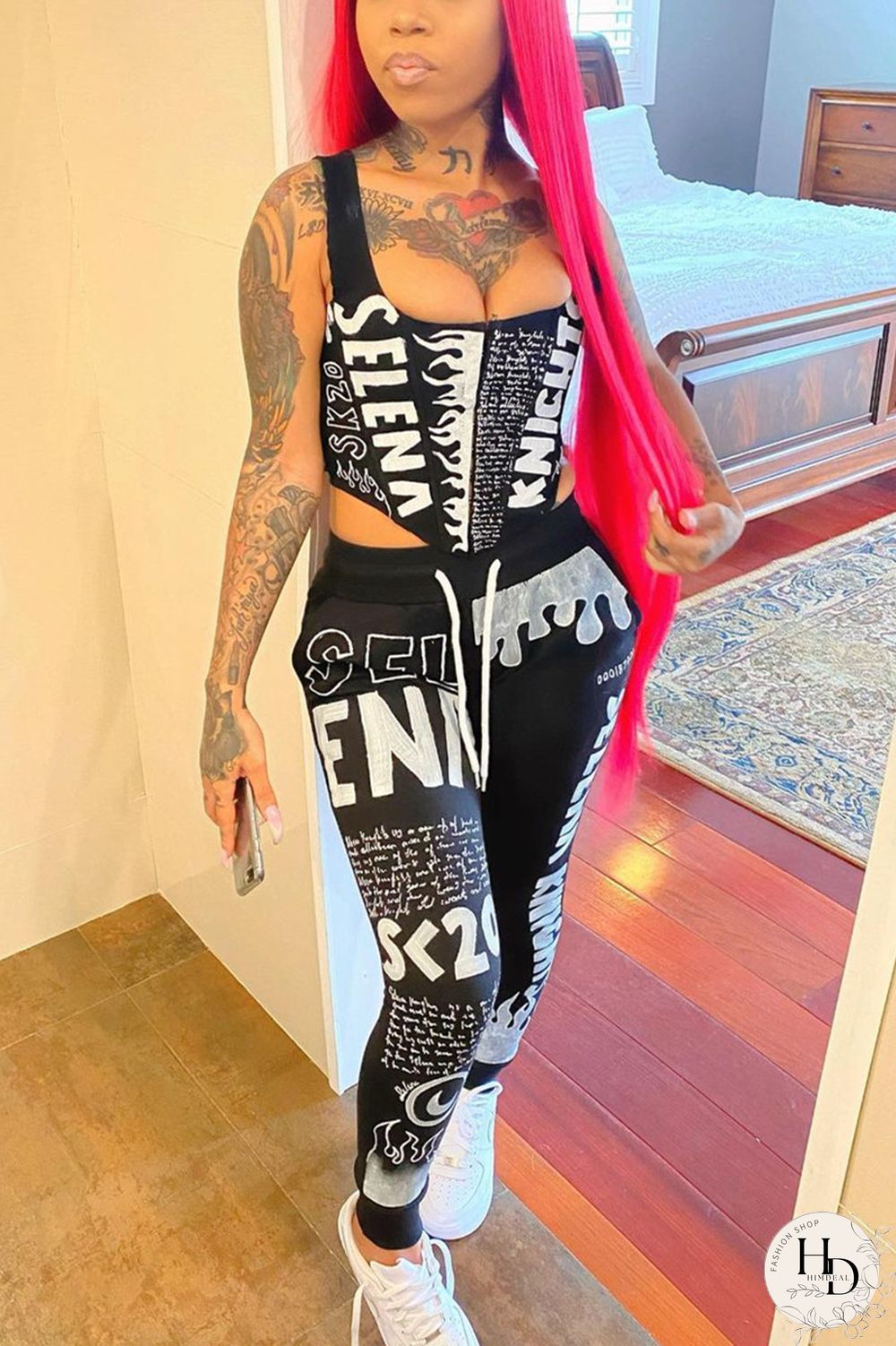 Black Fashion Casual Print Mid Waist Trousers