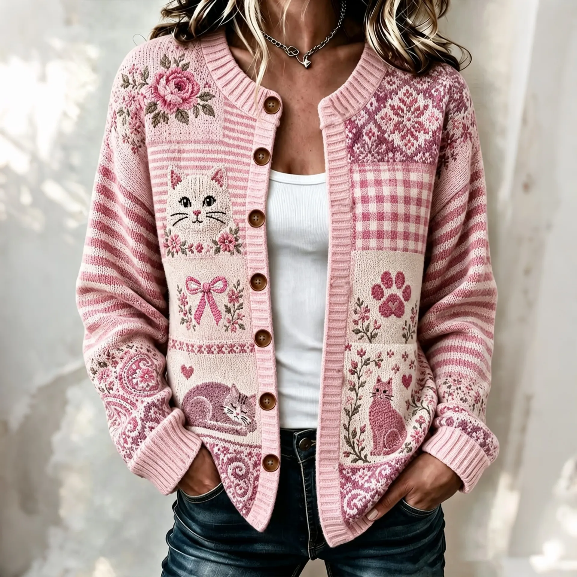 Comstylish Women's Pink Halloween Floral Bow Cat Print Crew Neck Cardigan